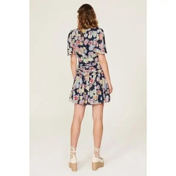 Tanya Taylor Brynn Floral Mini Wrap Dress Womens 18 Navy Floral Flutter Sleeves - Picture 7 of 16